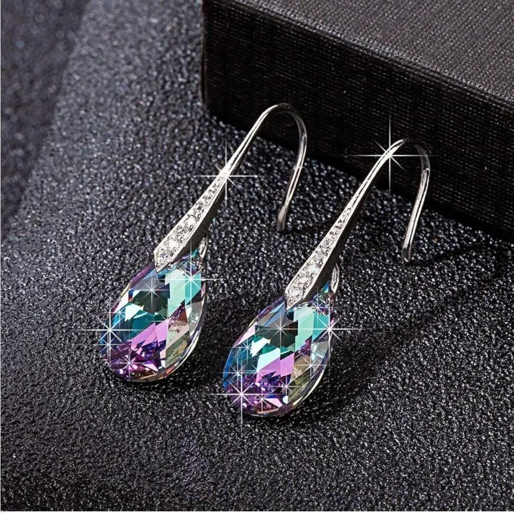14K White Gold with Vitrail Light Austrian Crystal Teardrop Drop Hook Earrings
